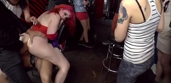  Redhead slut gets gangbang in public